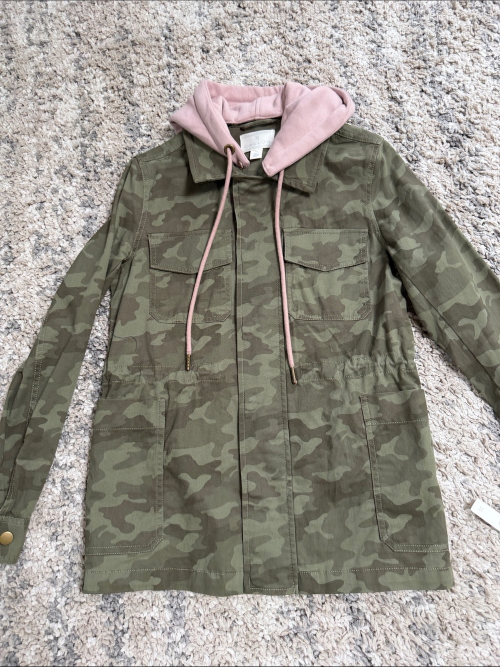 Caslon Olive Green Camo Utility Jacket with Pink Hood
